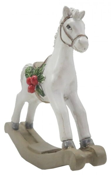 Dekorativní figurka bílý houpací koník s cesmínou – 11 cm cm