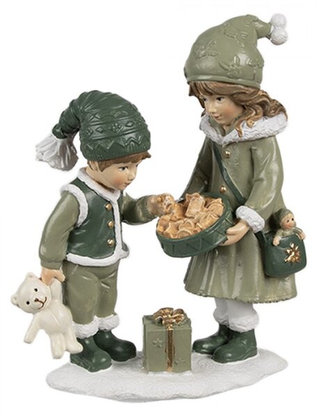 Dekorativní figurka děti v zeleném kabátku s tácem sušenek – 10x5x13 cm