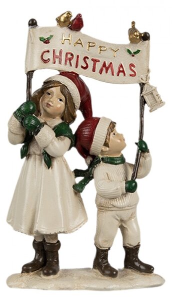 Dekorativní figurka děti v bílém kožíšku s vlajkou Mery christmas – 14x7x23 cm