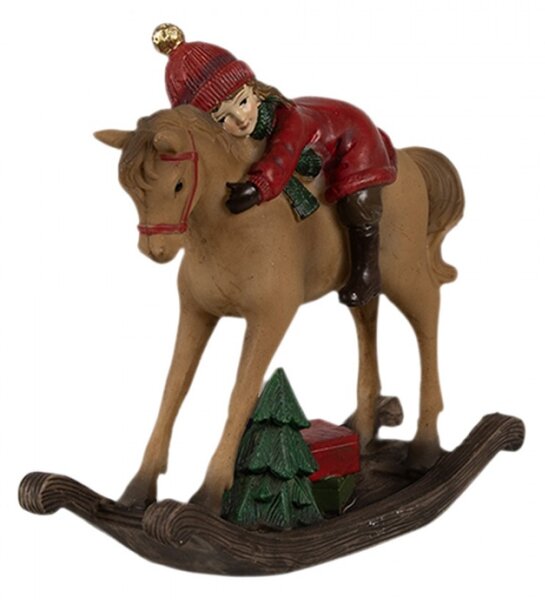 Dekorativní figurka hnědý houpací koník s holčičkou ve vánočním svetru 19x8x26 cm
