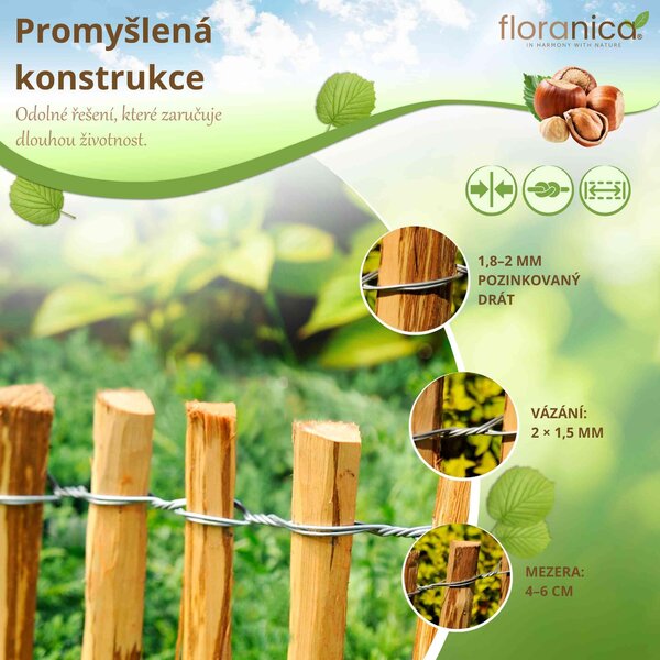 Floranica palisádový plot z lískového ořechu/kastanu, délka 5 m x 60 cm výška, 4-6 cm mezera mezi latěmi, rolovací plot, zahradní plot, plot pro psy