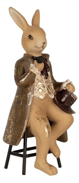 Figurka sedícího králíčka s kloboukem s patinou – 20 cm