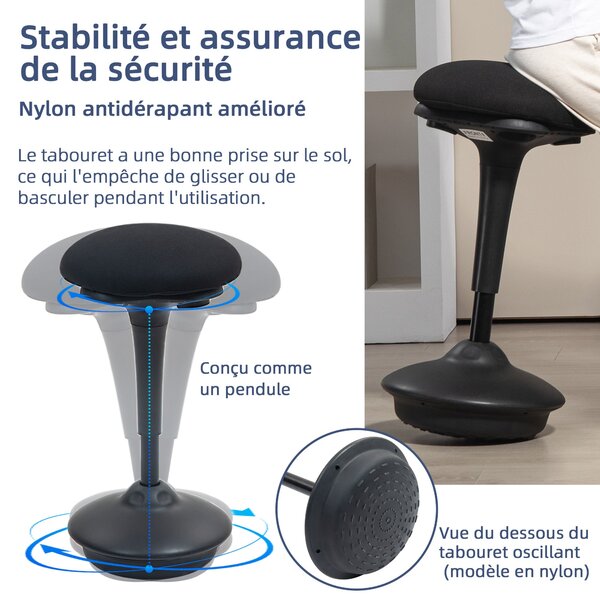 HOMCOM Stojící stolička, ergonomická stolička, výškově nastavitelná 70-90 cm, 360° otáčecí sedadlo, široká základna s protiskluzovými podložkami a pol
