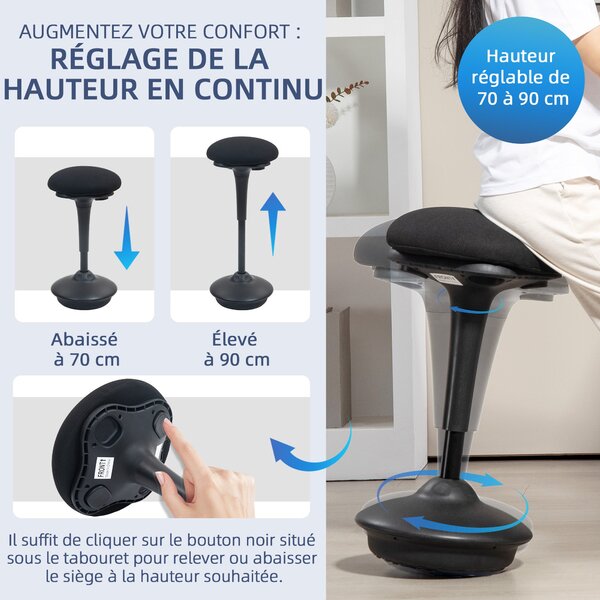 HOMCOM Stojící stolička, ergonomická stolička, výškově nastavitelná 70-90 cm, 360° otáčecí sedadlo, široká základna s protiskluzovými podložkami a pol