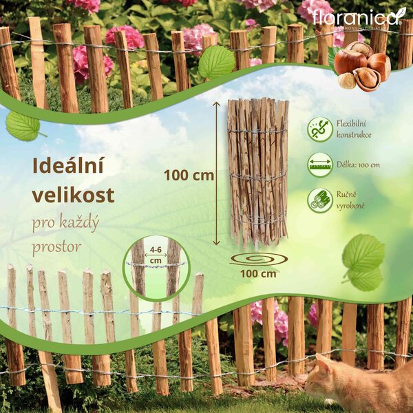 Floranica palisádový plot z lískového ořechu/kastanu, 1 běžný metr x 100 cm výška, 4-6 cm mezera mezi latěmi, zastrkávací plot, zahradní, kuřecí plot