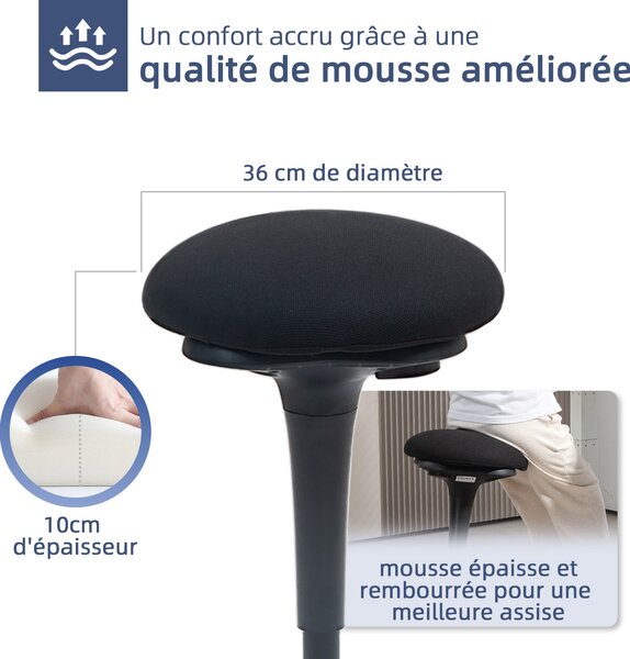 HOMCOM Stojící stolička, ergonomická stolička, výškově nastavitelná 70-90 cm, 360° otáčecí sedadlo, široká základna s protiskluzovými podložkami a pol