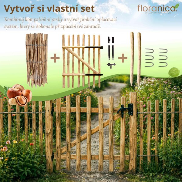 Floranica palisádový plot z lískového ořechu/kastanu, délka 5 m x 60 cm výška, 4-6 cm mezera mezi latěmi, rolovací plot, zahradní plot, plot pro psy