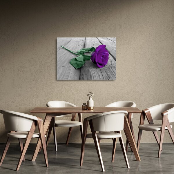 Skleněný obraz - Fialová růže se zeleným stonkem (70x50 cm)