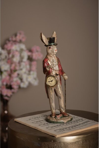 Figurka králíčka v obleku s patinou a funkčními hodinami – 39 cm