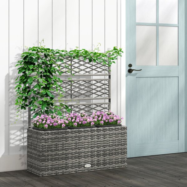 Outsunny Květináč s treláží pro rostliny, 3 nádoby, květinový box 33L, zahradní balkon, patio, terasa, venkovní použití, pletený pryskyřice a ocel, 84