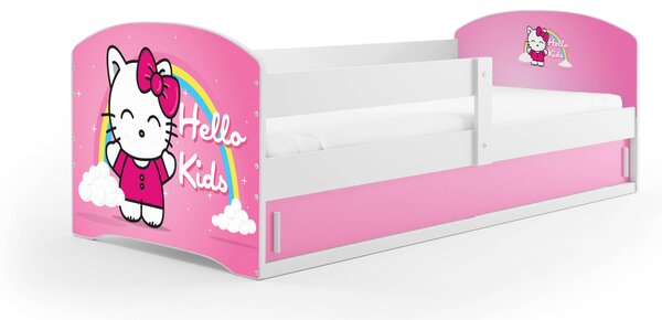 Dětská postel 80 x 160 cm Lukan (bílá + vzor hello kids) (s roštem, matrací a úl. prostorem). Vlastní profesionální přeprava až k Vám domů 1056449