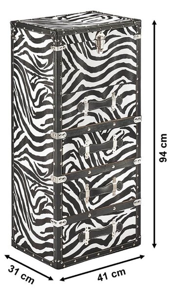 Komoda Kobolo ZEBRIN vyrobená z MDF s potiskem na umělé kůži – zebrový vzor – 4 přihrádky a 1 sklopné víko