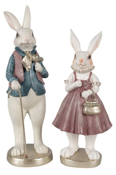Figurka bílého králíčka v růžové vestičce, modré košilce a se zlatou hůlkou – 32 cm
