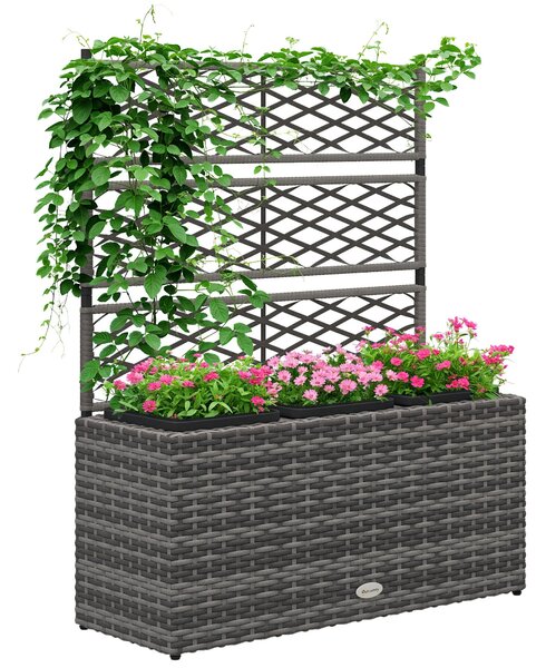 Outsunny Květináč s treláží pro rostliny, 3 nádoby, květinový box 33L, zahradní balkon, patio, terasa, venkovní použití, pletený pryskyřice a ocel, 84