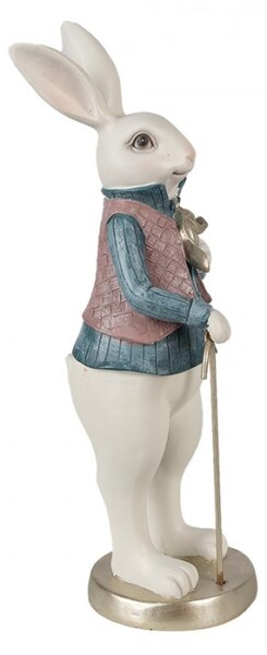 Figurka bílého králíčka v růžové vestičce, modré košilce a se zlatou hůlkou – 32 cm