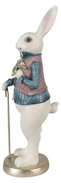 Figurka bílého králíčka v růžové vestičce, modré košilce a se zlatou hůlkou – 32 cm