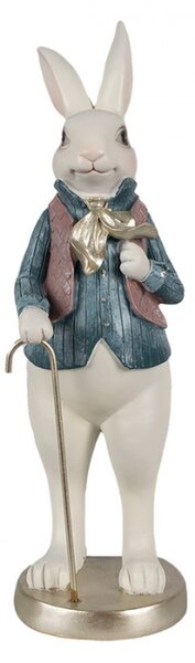 Figurka bílého králíčka v růžové vestičce, modré košilce a se zlatou hůlkou – 32 cm