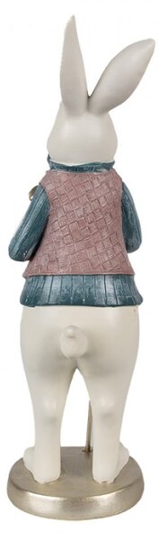 Figurka bílého králíčka v růžové vestičce, modré košilce a se zlatou hůlkou – 32 cm