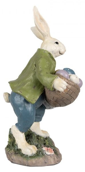 Velikonoční figurka králíčka v světle zeleném kabátku s velkým plným košíkem barevných vajíček – 32 cm
