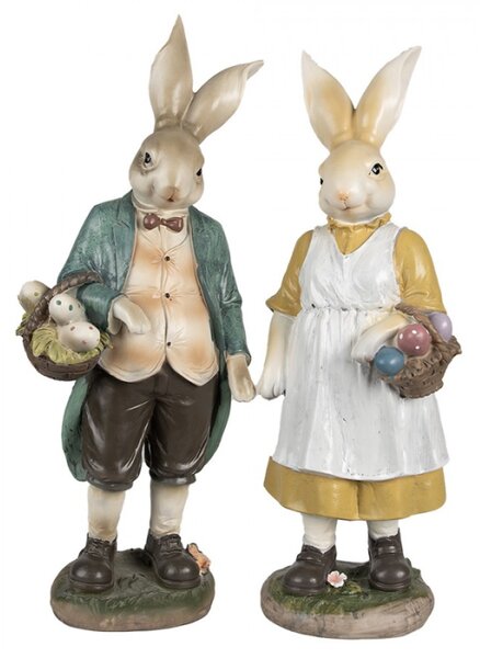 Velikonoční figurka králíčka v modrém kabátku s košíkem puntíkatých vajíček – 38 cm
