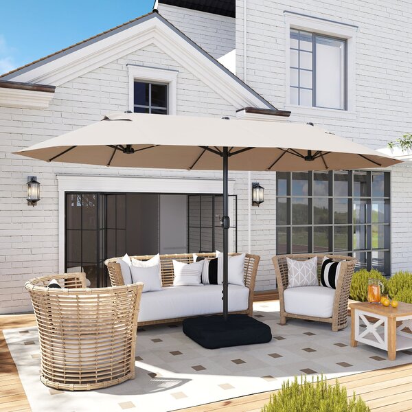 Outsunny Zahradní Parasol Dvojitý Obdélníkový 4,6L x 2,7W x 2,4H m s Kličkou pro Otevírání a Zavírání, S Písky a Základem, pro Balkon a Bazén, Khaki |