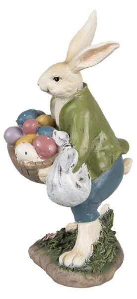 Velikonoční figurka králíčka v světle zeleném kabátku s velkým plným košíkem barevných vajíček – 32 cm