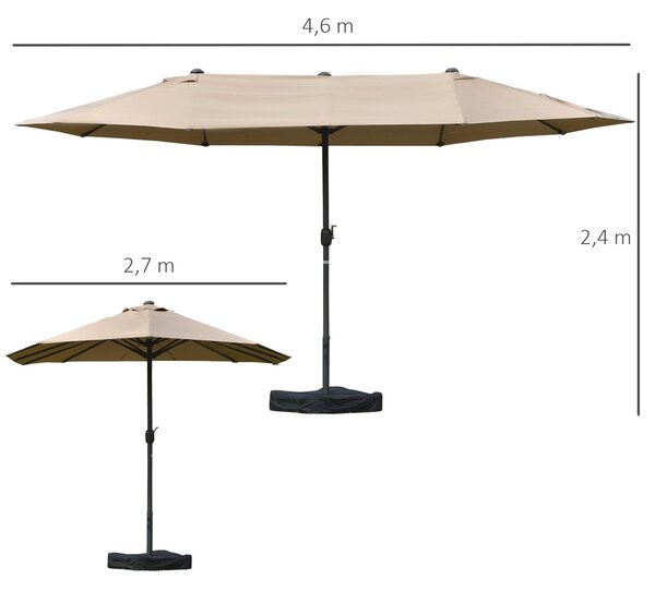 Outsunny Zahradní Parasol Dvojitý Obdélníkový 4,6L x 2,7W x 2,4H m s Kličkou pro Otevírání a Zavírání, S Písky a Základem, pro Balkon a Bazén, Khaki |