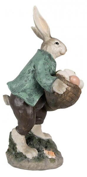 Velikonoční figurka králíčka v zeleném kabátku s velkým plným košíkem barevných vajíček – 32 cm