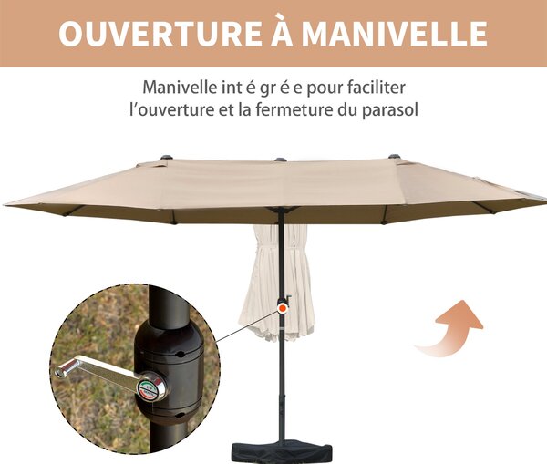Outsunny Zahradní Parasol Dvojitý Obdélníkový 4,6L x 2,7W x 2,4H m s Kličkou pro Otevírání a Zavírání, S Písky a Základem, pro Balkon a Bazén, Khaki |