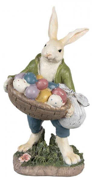 Velikonoční figurka králíčka v světle zeleném kabátku s velkým plným košíkem barevných vajíček – 32 cm