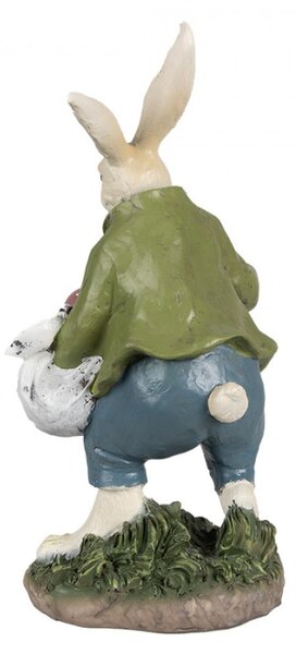 Velikonoční figurka králíčka v světle zeleném kabátku s velkým plným košíkem barevných vajíček – 32 cm