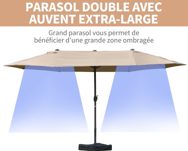 Outsunny Zahradní Parasol Dvojitý Obdélníkový 4,6L x 2,7W x 2,4H m s Kličkou pro Otevírání a Zavírání, S Písky a Základem, pro Balkon a Bazén, Khaki |