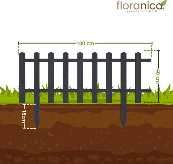 Floranica ozdobný plot ze dřeva 100 x 40 cm antracitový (impregnovaný) zapichovací zahradní plot pro ohraničení záhonů, okraj trávníku