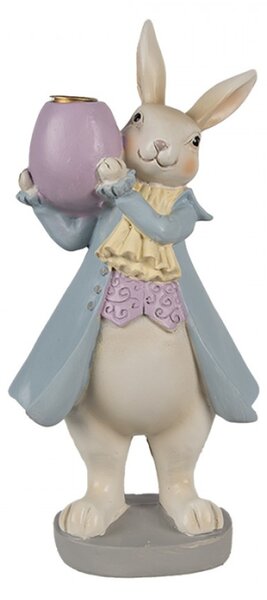 Velikonoční figurka králíčka v modrém kabátku nesoucí fialové vajíčko – 10x8x20 cm