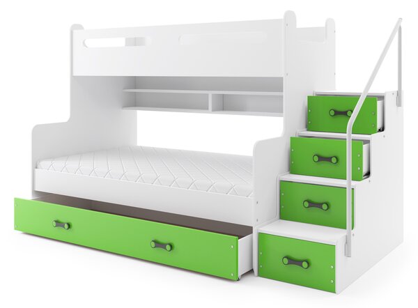 Patrová postel 120 x 200 cm Moxxo 3 (bílá + zelená) (s rošty, matracemi a úl. prostorem). Vlastní profesionální přeprava až k Vám domů 1056474