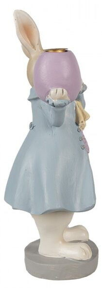 Velikonoční figurka králíčka v modrém kabátku nesoucí fialové vajíčko – 10x8x20 cm