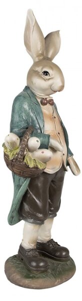 Velikonoční figurka králíčka v modrém kabátku s košíkem puntíkatých vajíček – 38 cm