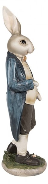 Velikonoční figurka králíčka v hnědých kraťasech s košíkem puntíkatých vajíček – 25 cm