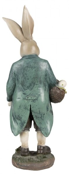 Velikonoční figurka králíčka v modrém kabátku s košíkem puntíkatých vajíček – 38 cm