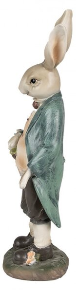 Velikonoční figurka králíčka v modrém kabátku s košíkem puntíkatých vajíček – 38 cm