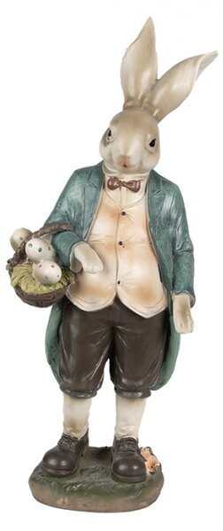 Velikonoční figurka králíčka v modrém kabátku s košíkem puntíkatých vajíček – 38 cm