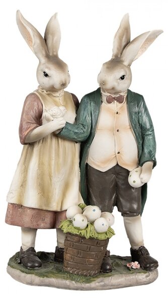 Velikonoční figurka králičí zamilovaný páreček s plným košíkem puntikatých vajíček – 26 cm