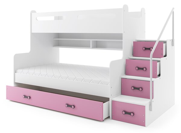Patrová postel 120 x 200 cm Moxxo 3 (bílá + růžová) (s rošty, matracemi a úl. prostorem). Vlastní profesionální přeprava až k Vám domů 1056473