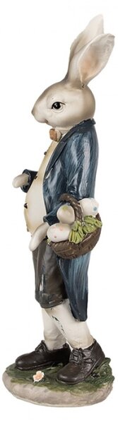 Velikonoční figurka králíčka v hnědých kraťasech s košíkem puntíkatých vajíček – 25 cm