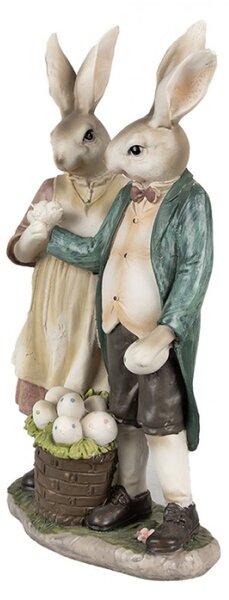 Velikonoční figurka králičí zamilovaný páreček s plným košíkem puntikatých vajíček – 26 cm