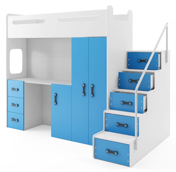 Patrová postel 80 x 200 cm Moxxo 4 (bílá + modrá) (s rošty, matracemi a úl. prostorem). Vlastní profesionální přeprava až k Vám domů 1056477