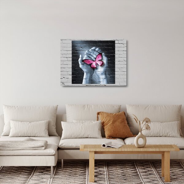 Skleněný obraz - Růžový motýl ve zdi (70x50 cm)