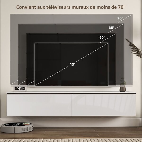 HOMCOM Nástěnný TV Stojan Dřevěný TV Konzole Koupelnová Skříň pro TV až 70 palců s Dveřmi s Lesklým Efektem, pro Obývací Pokoj, Ložnici, 160 x 35 x 30