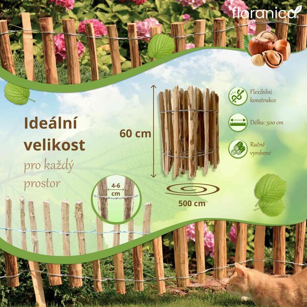 Floranica palisádový plot z lískového ořechu/kastanu, délka 5 m x 60 cm výška, 4-6 cm mezera mezi latěmi, rolovací plot, zahradní plot, plot pro psy