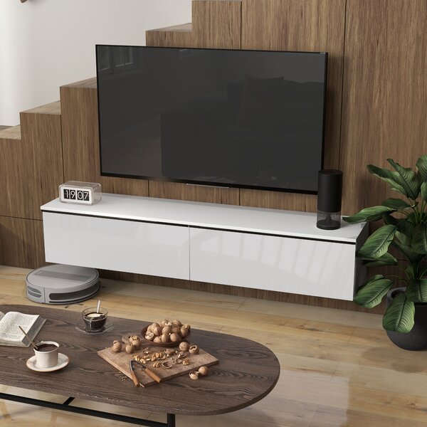 HOMCOM Nástěnný TV Stojan Dřevěný TV Konzole Koupelnová Skříň pro TV až 70 palců s Dveřmi s Lesklým Efektem, pro Obývací Pokoj, Ložnici, 160 x 35 x 30